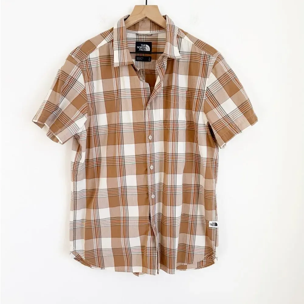The North Face Men's Plaid Short Sleeve Top Tan White Large